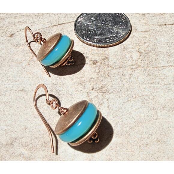 Vintage Turquoise Glass Beads Burnished Copper Disc. Earrings - Picture 2 of 4